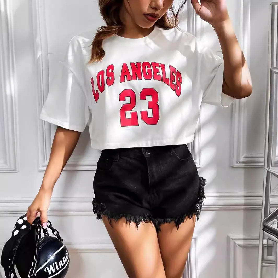 Personalised cotton loose fit t-shirt with exposed navel design and printed English letters in black and white options