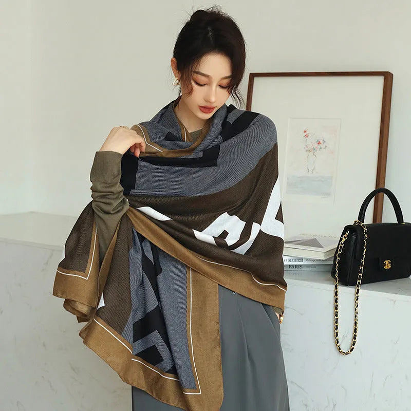 Polyester vintage print scarf measuring 180cm by 90cm shown in mid-length shawl style