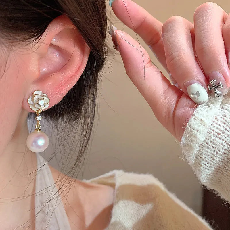 Camellia pearl flower stud earrings for women with gold-tone alloy and faux pearl centre