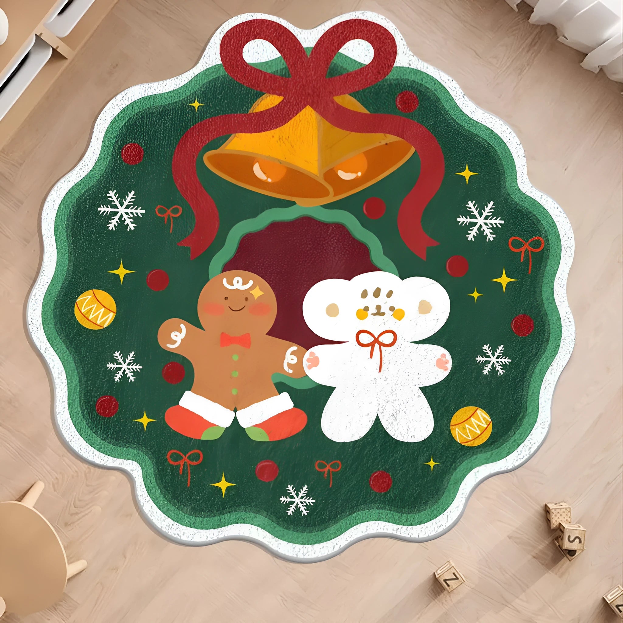 Round Christmas carpet with alien shape design in imitation cashmere fabric featuring festive patterns