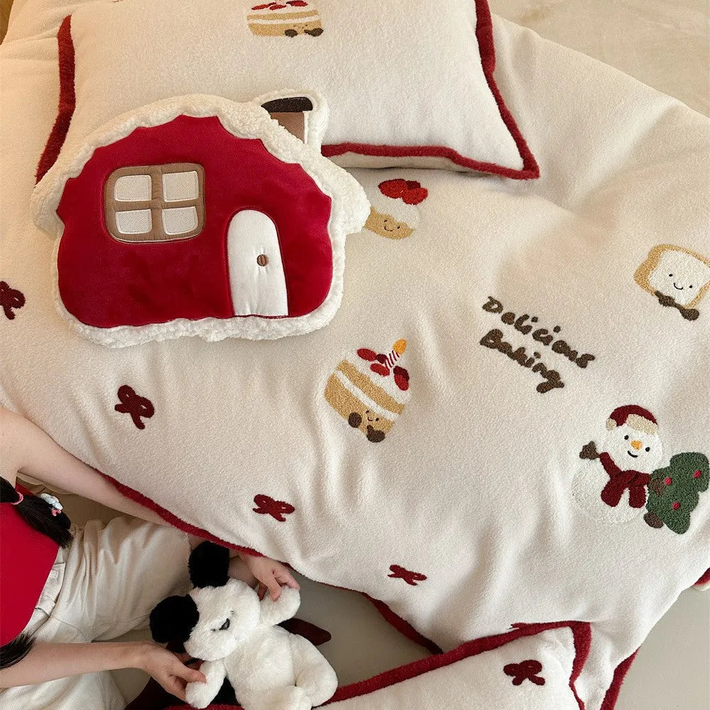 Cartoon heart pattern winter bedding four-piece set with quilt cover, bed sheet, and pillowcases