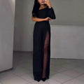 Women's fall winter oblique shoulder high slit polyester jumpsuit in black, long sleeves, mid waist, trouser legs