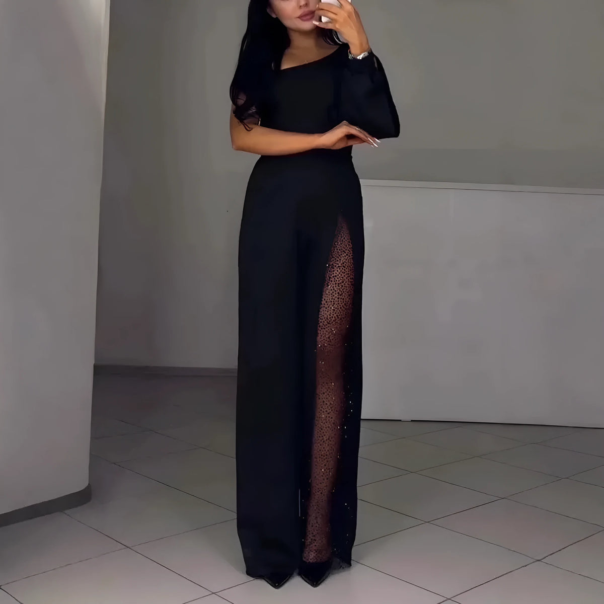 Women's fall winter oblique shoulder high slit polyester jumpsuit in black, long sleeves, mid waist, trouser legs