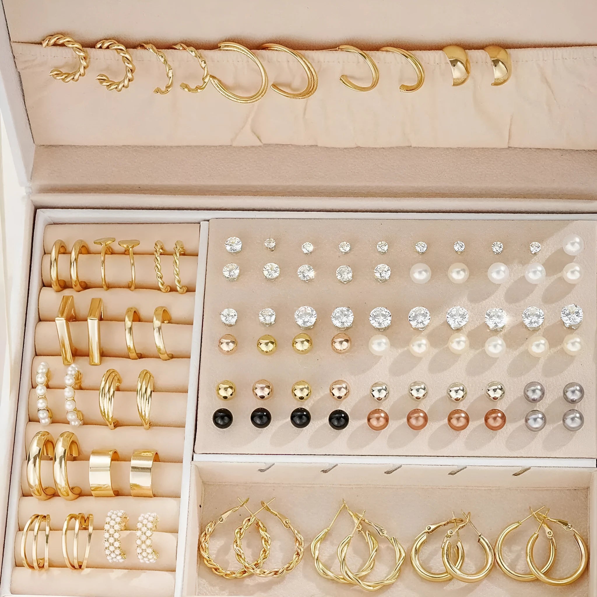 108-piece pearl earrings combination with geometric round design in gold and yellow electroplated finishes