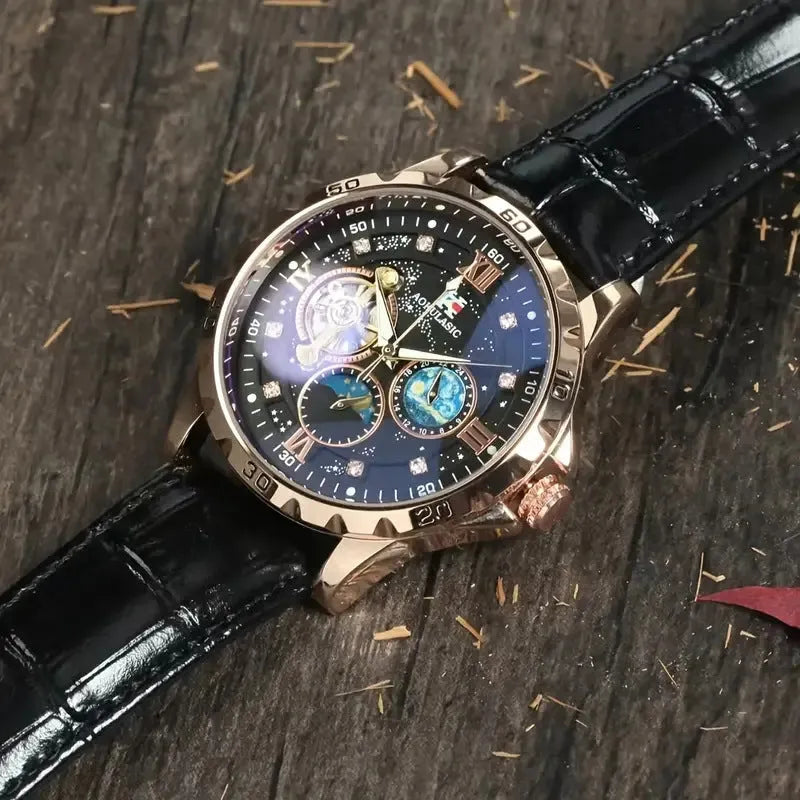 Men's black skeleton automatic watch with rose gold case and brown leather strap.