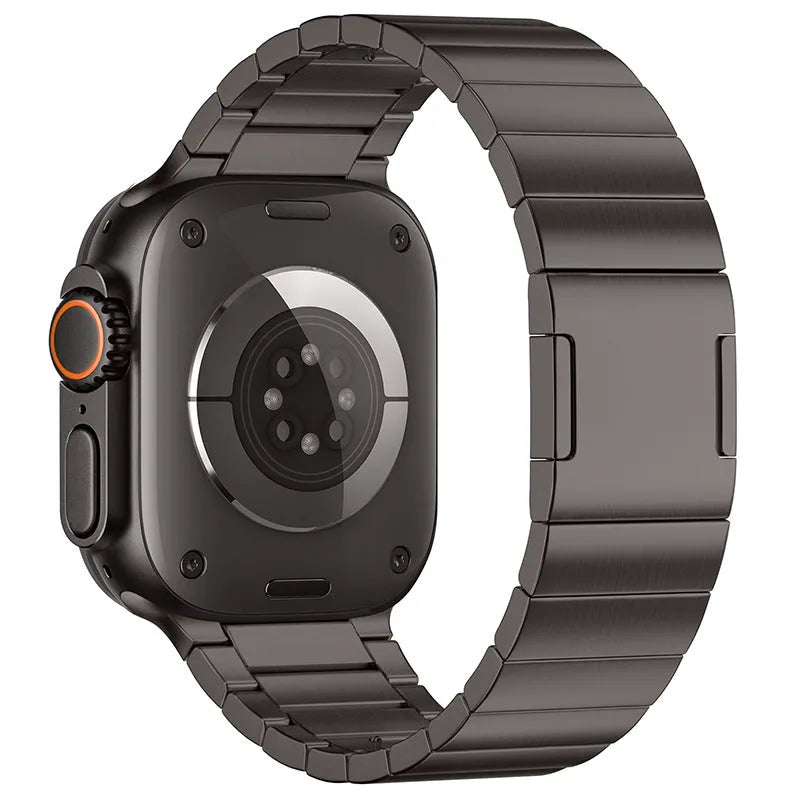 Stainless steel Apple Watch strap with magnetic buckle in business style, showing silver colour option