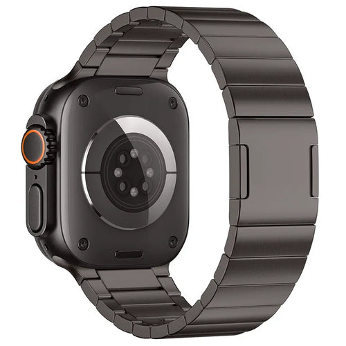 Stainless steel Apple Watch strap with magnetic buckle in business style, showing silver colour option