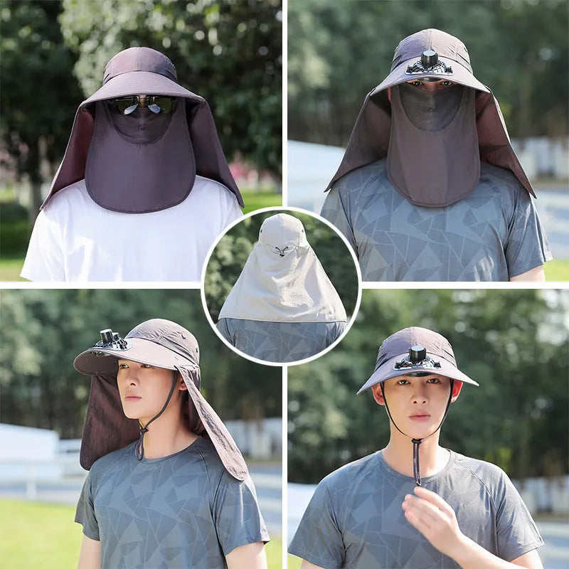 Men's khaki sun hat with built-in USB fan and fabric covering for neck and face.