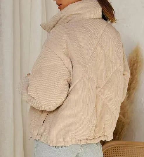 Apricot women's corduroy jacket with stand collar and front zip in street fashion style