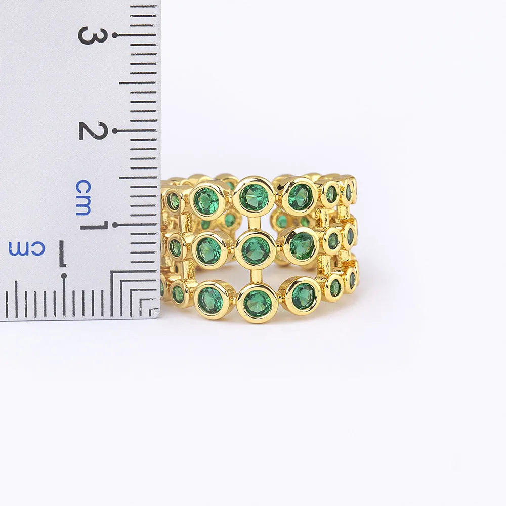 Copper plated 18K gold three-layer green zircon wide ring for men and women