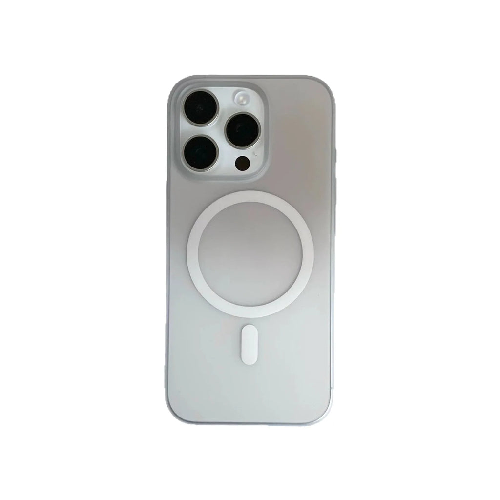 Frosted gradient blue magnetic suction phone case for iPhone, showing ultra-thin PC construction.