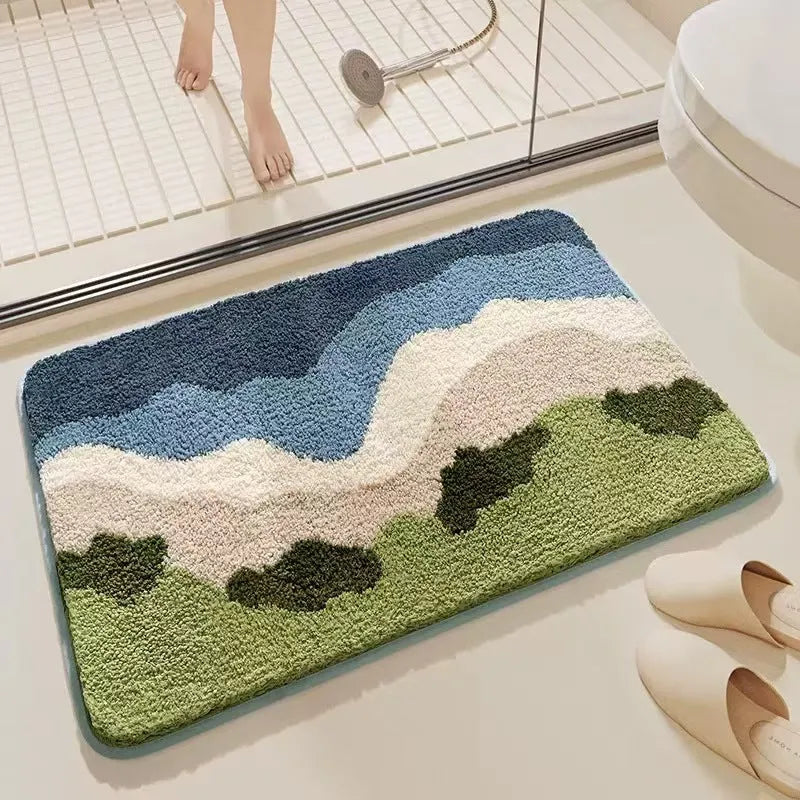 Square polyester fibre floor mat with rainbow pattern, plastic bottom, Sky Sea colour