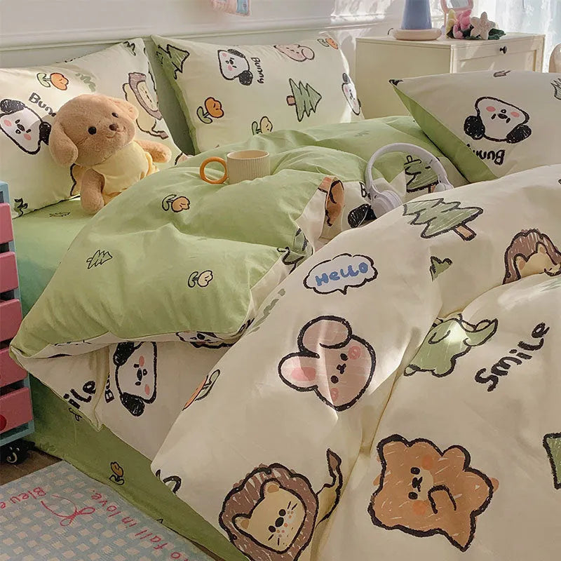 Cartoon dog pattern on a pure cotton duvet cover and pillowcases from a four-piece bedding set.