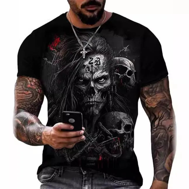 Printed men's skull head round neck T-shirt loose fit short sleeve summer top