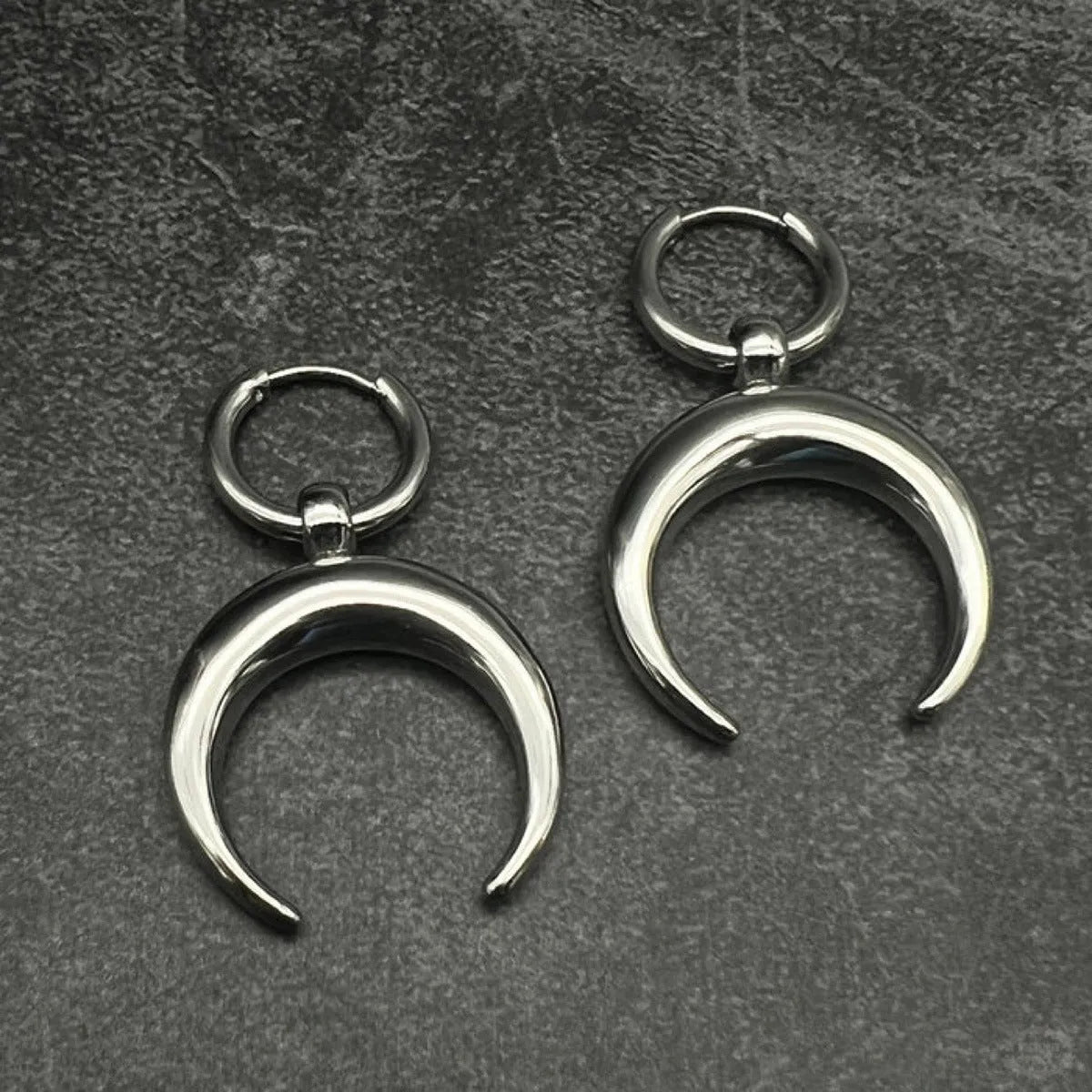 Silver geometric moon hoop earrings with clip-on back for punk gothic style