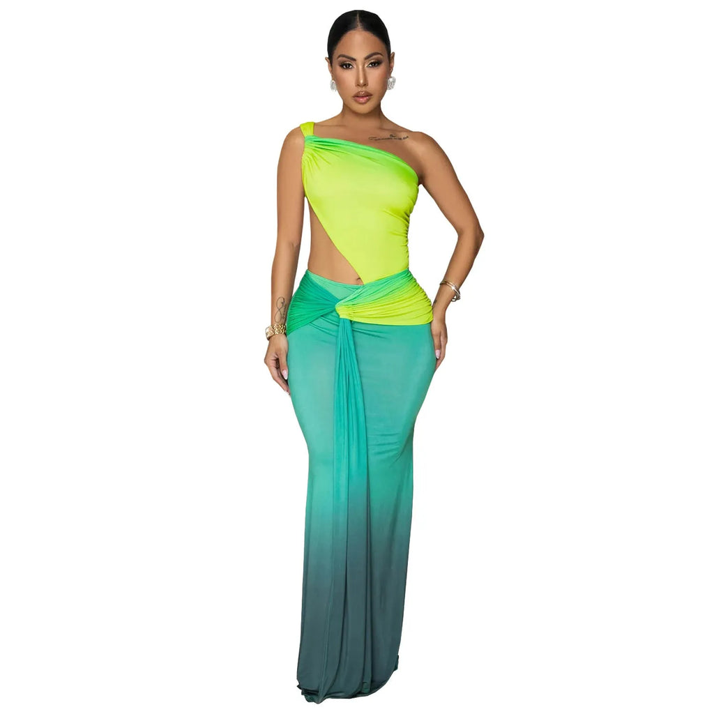 Women's gradient asymmetric dress in green with sleeveless design and long skirt, high waist, polyester fabric