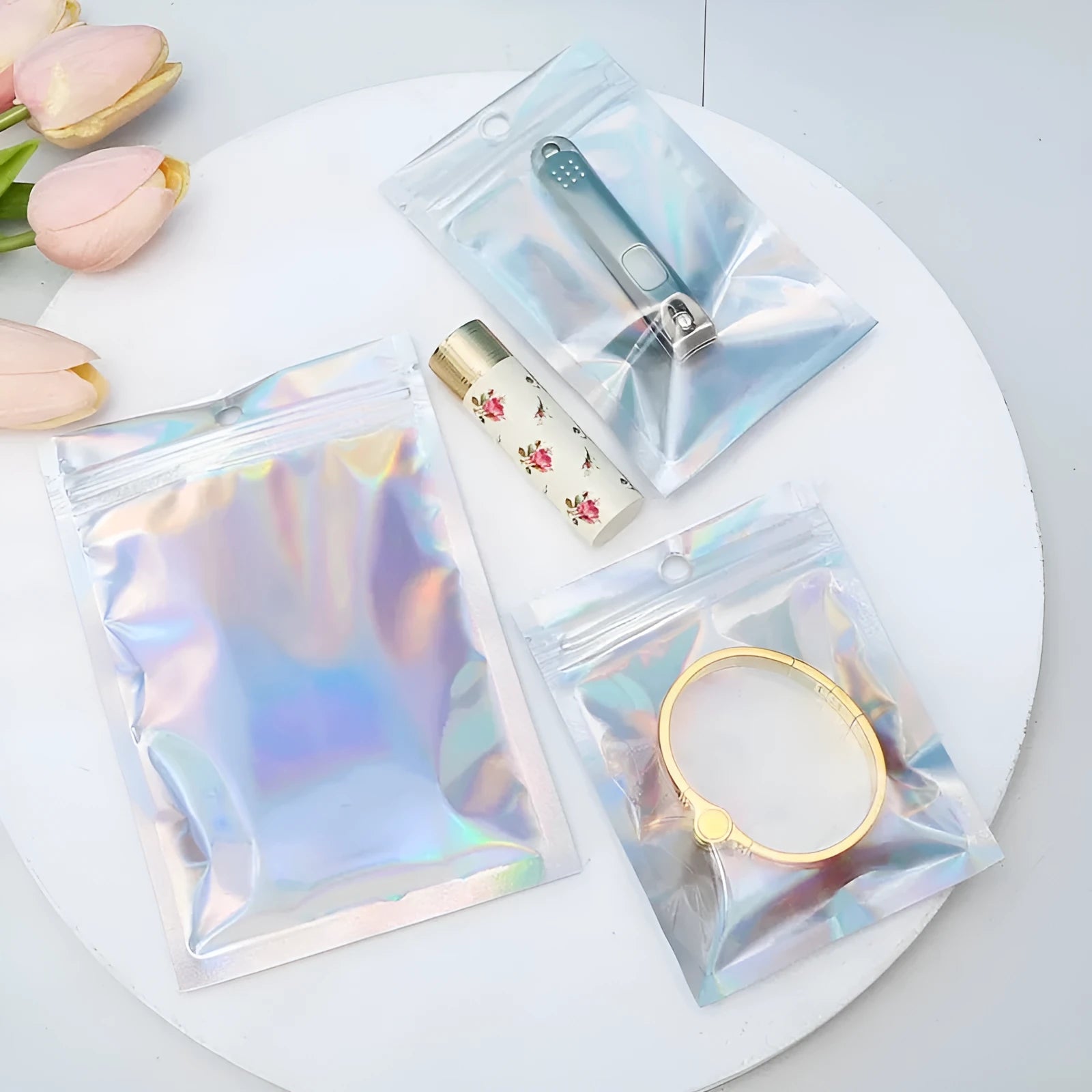 Holographic silver foil ziplock bag with colourful yin yang laser film pattern in 10.5x15cm size