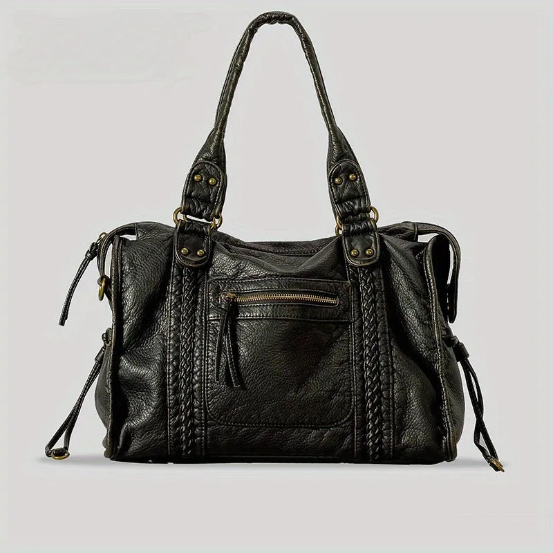 Women's retro messenger bag in soft PU leather with woven texture and horizontal square shape