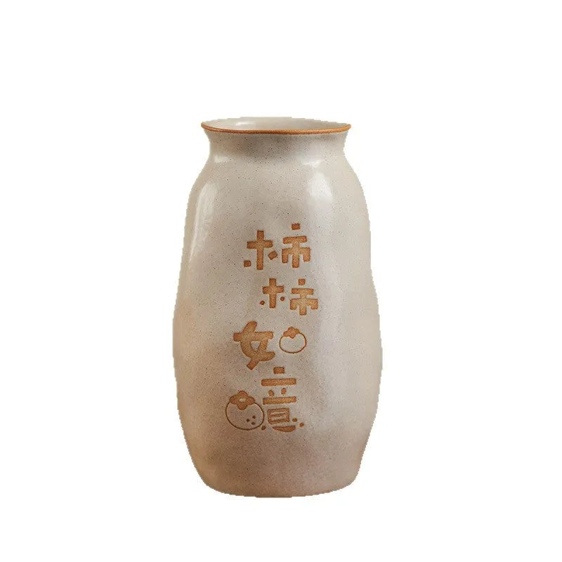 Chinese hand-painted ceramic joy vase with traditional carving on 8cm base