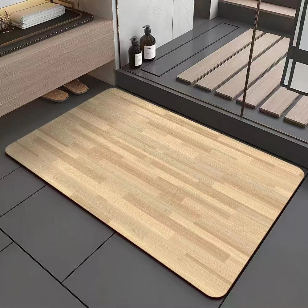 Square American-style floor mat with geometric wood grain pattern for bathroom doorway.