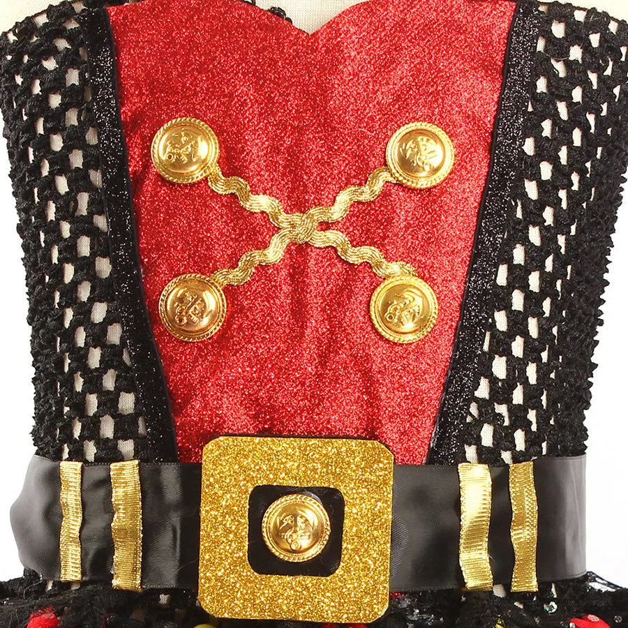 Girls sleeveless pirate costume dress with gauze mesh skirt, sequins, and lace detail
