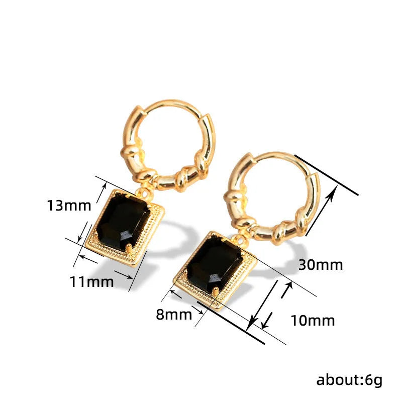 Black zircon French court earrings with geometric quadrilateral design and drop silhouette