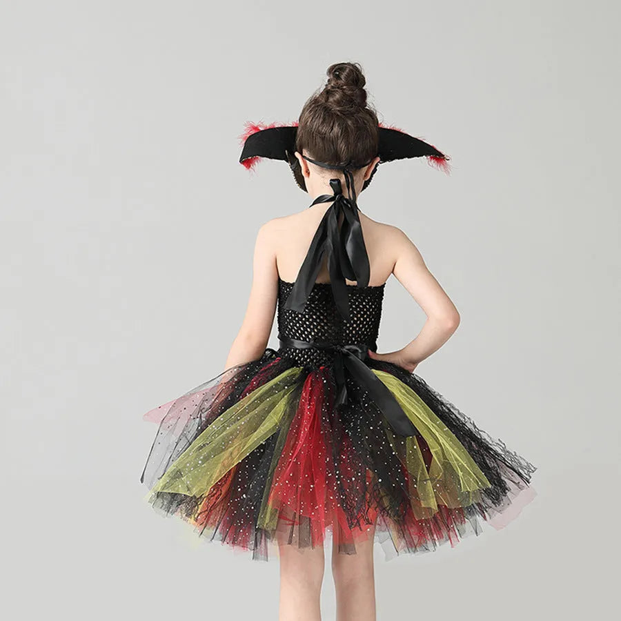 Girls sleeveless pirate costume dress with gauze mesh skirt, sequins, and lace detail
