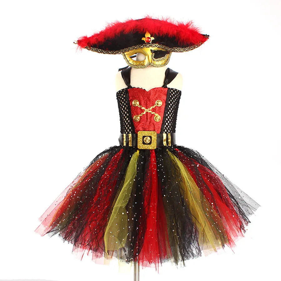Girls sleeveless pirate costume dress with gauze mesh skirt, sequins, and lace detail