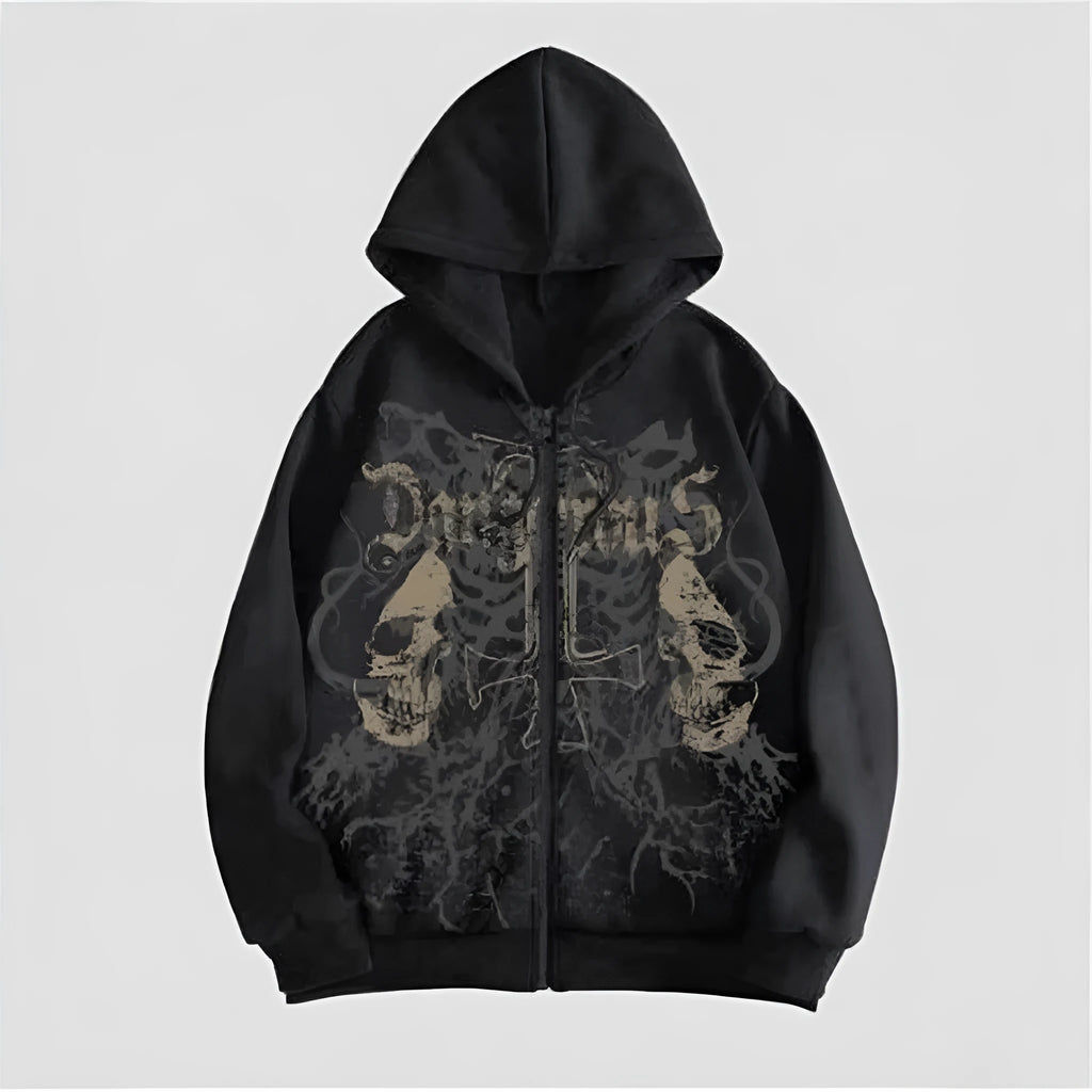 Man wearing a black hooded sweatshirt with a large white skull print on the front.