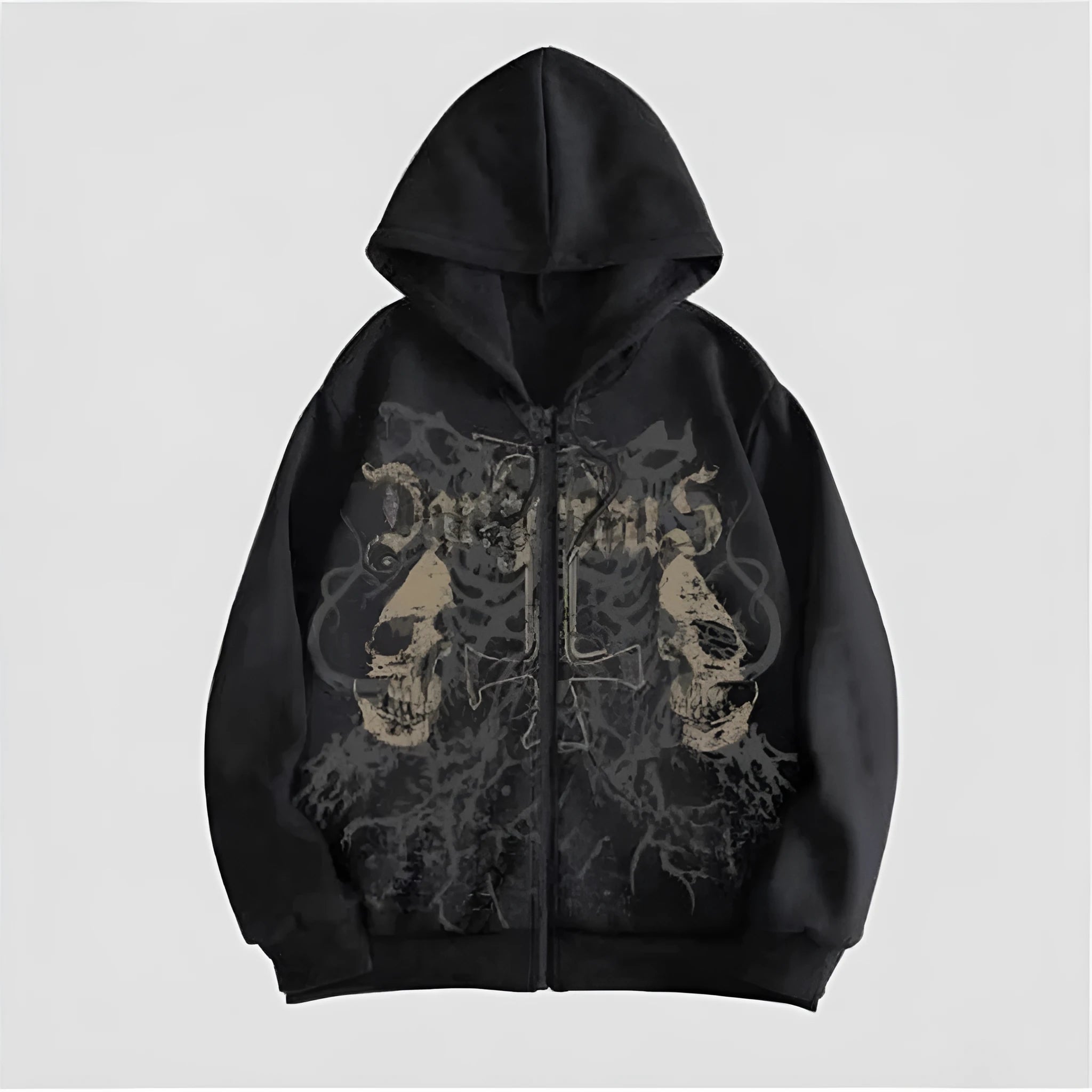 Man wearing a black hooded sweatshirt with a large white skull print on the front.