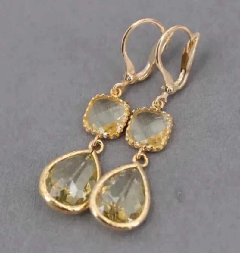 Gold retro geometric earrings with long crystal fringe water droplet elements