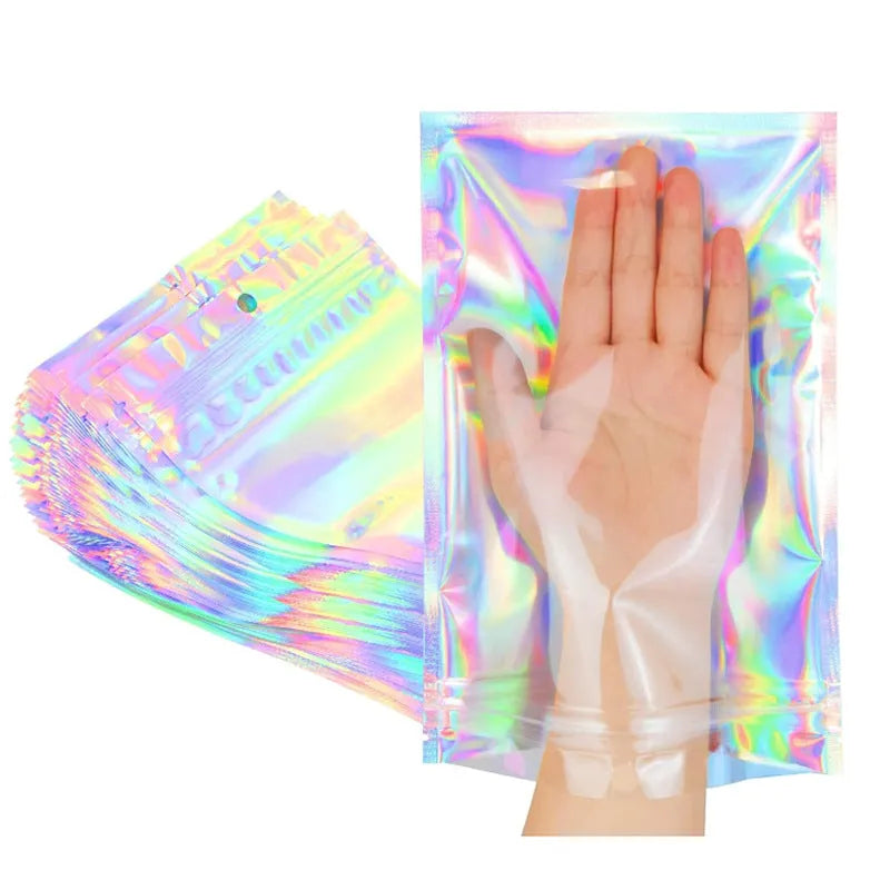 Holographic silver foil ziplock bag with colourful yin yang laser film pattern in 10.5x15cm size