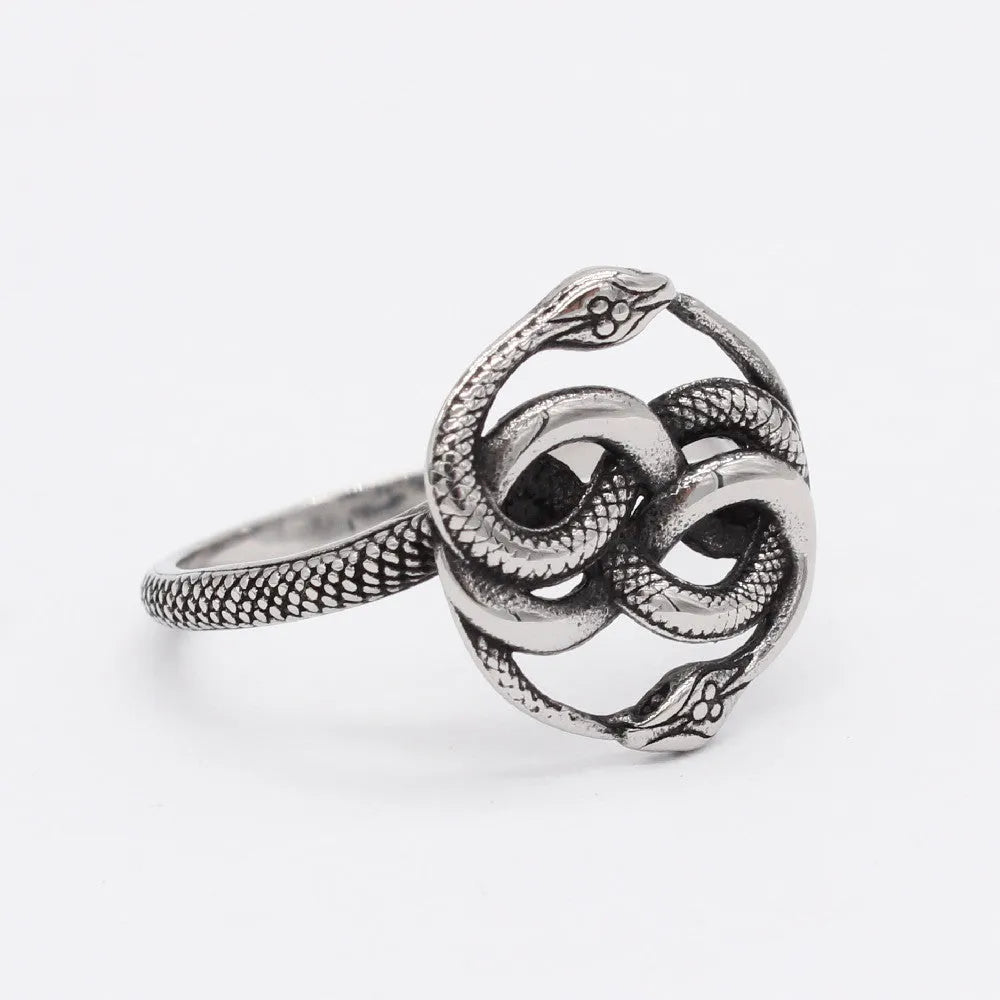 Retro double snake titanium steel ring in steel colour showing detailed snake design