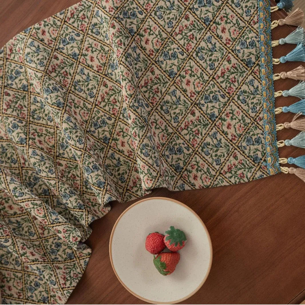 Nordic Jacquard striped bouquet pattern table runner with decorative tassels in dark blue