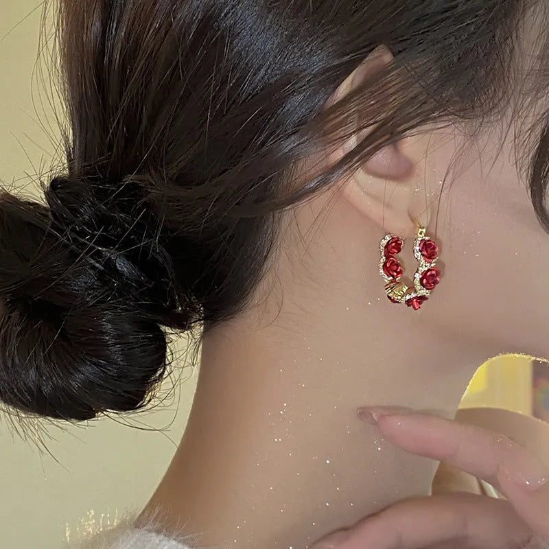 Red floral alloy clip-on earrings with rose design F155-A colour