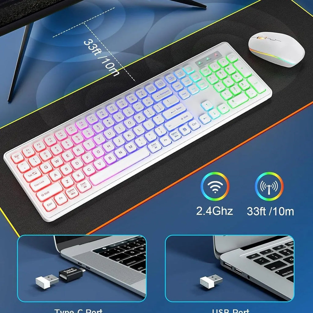 Backlit rechargeable wireless keyboard and mouse set in black, purple, or white, keyboard size 46*25*5