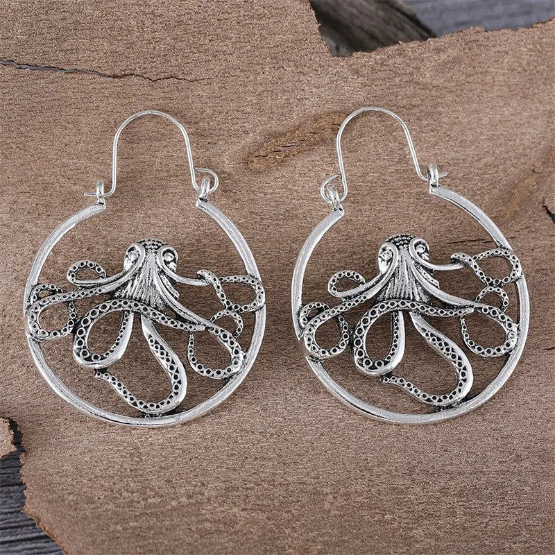 Vintage antique silver octopus earrings with zinc alloy construction and retro styling