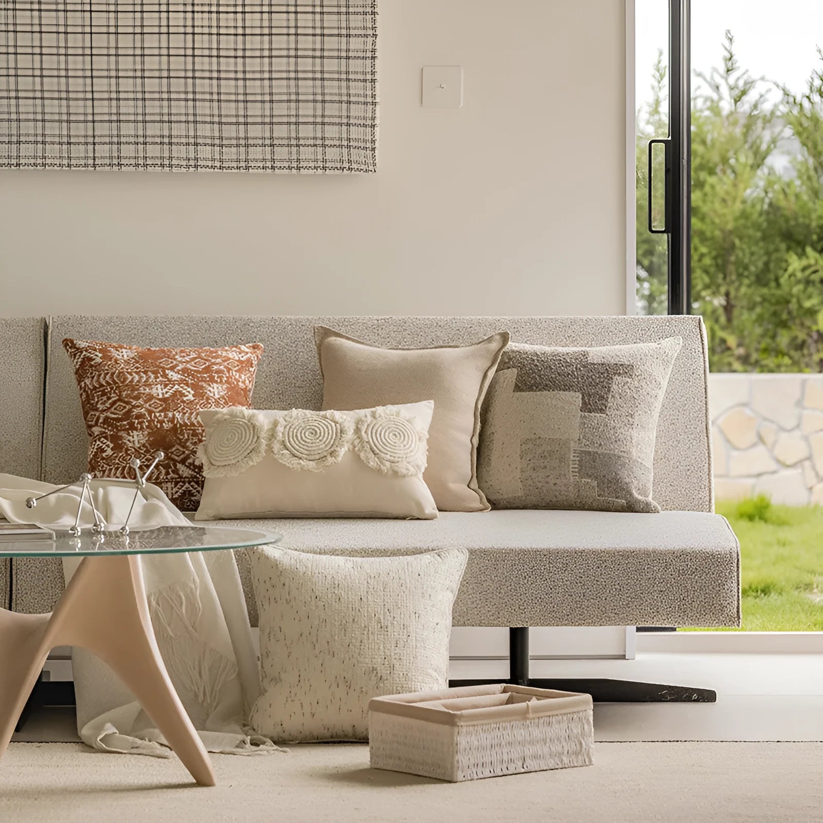 Solid colour decorative cushion with PP cotton filling on a sofa, shown in red coffee and plain colour options.