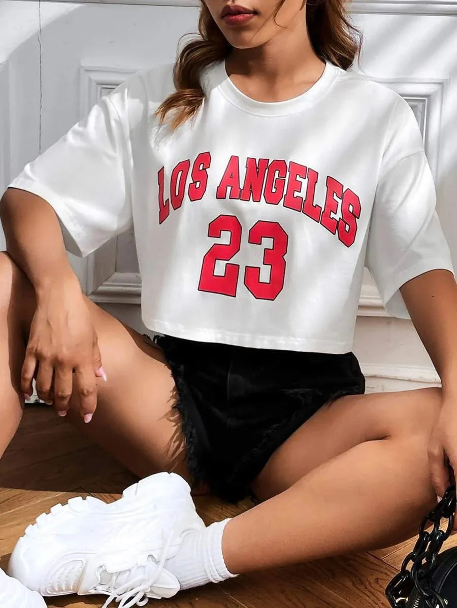 Personalised cotton loose fit t-shirt with exposed navel design and printed English letters in black and white options