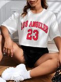 Personalised cotton loose fit t-shirt with exposed navel design and printed English letters in black and white options
