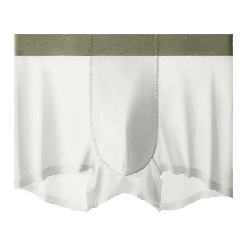 Men's ice silk shorts in bean green, shown front view, highlighting seamless knit construction.