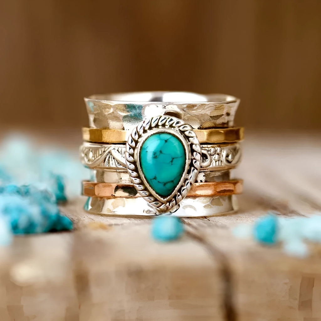 Retro green pine three-colour alloy ring showing detailed design and electroplated finish