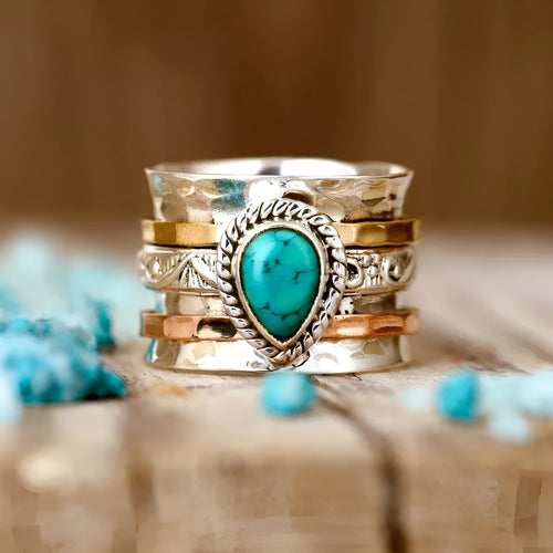 Retro green pine three-colour alloy ring showing detailed design and electroplated finish