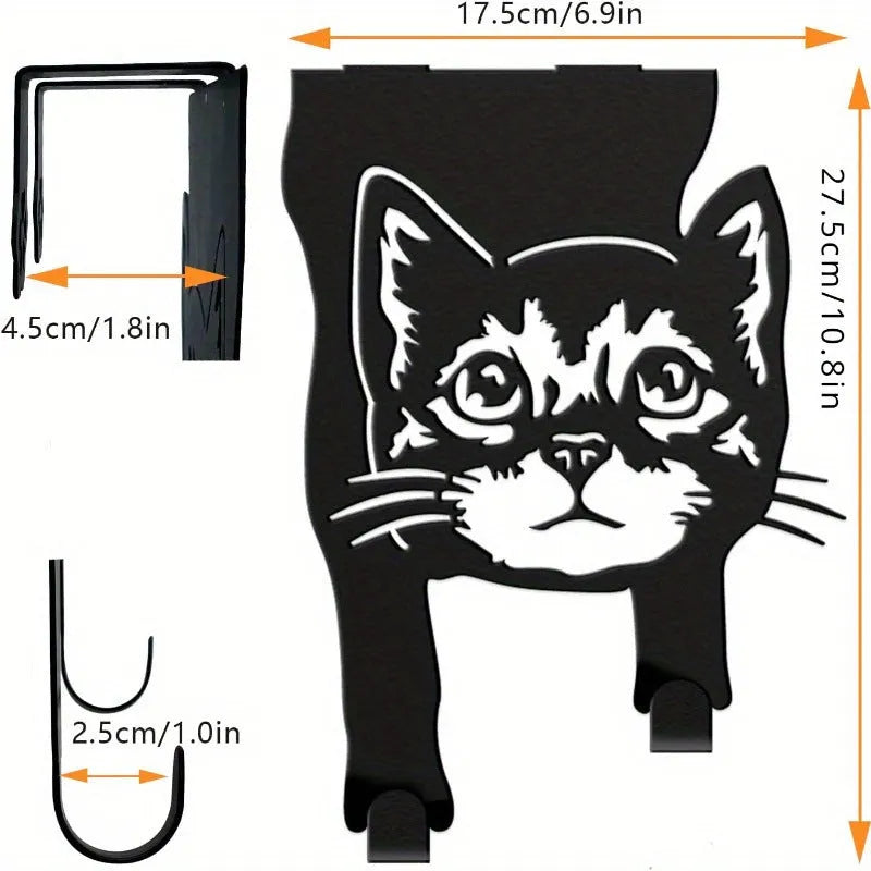 Black cat silhouette wall hook with adhesive backing for no-drill mounting