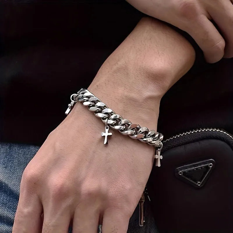 Titanium steel men's bracelet with geometric cross design in cold wind style