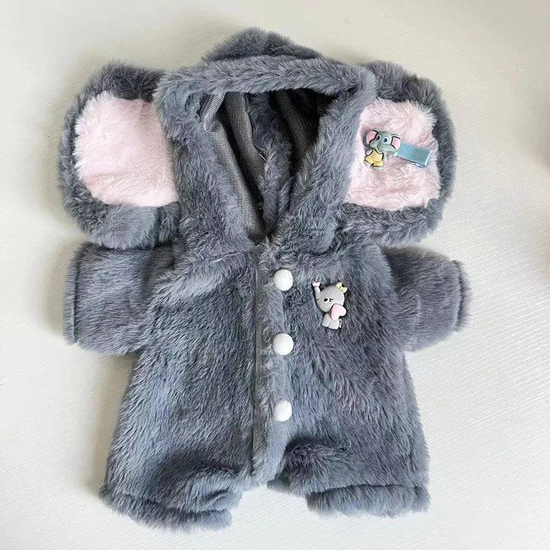 Grey plush elephant jumpsuit doll clothing for a 30cm Lina bear.