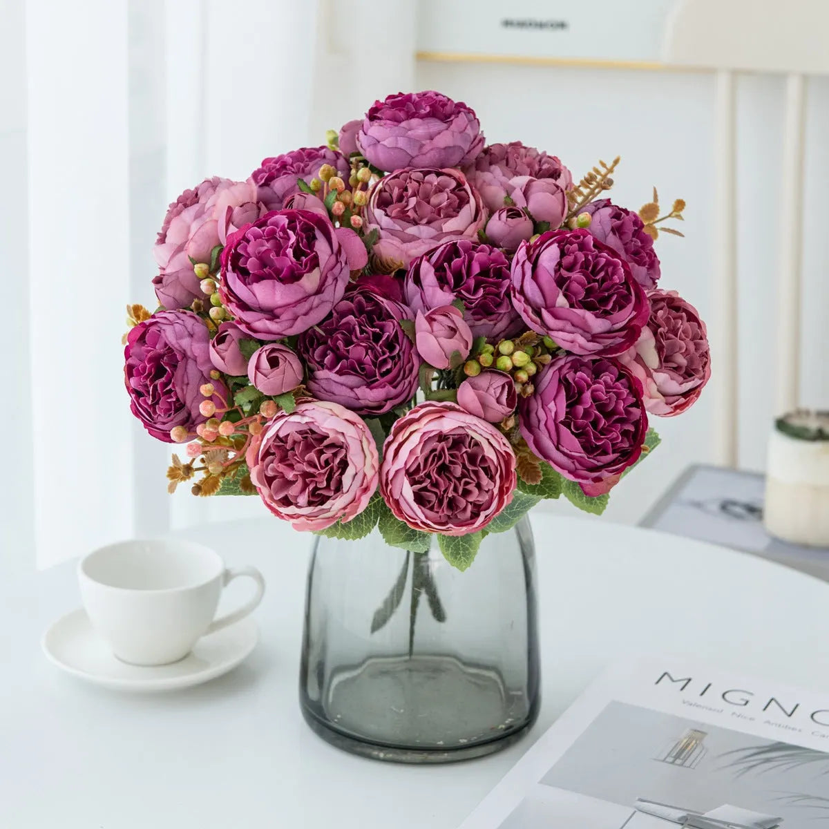 Silk artificial peony flower bouquet in champagne colour for home or wedding decoration.