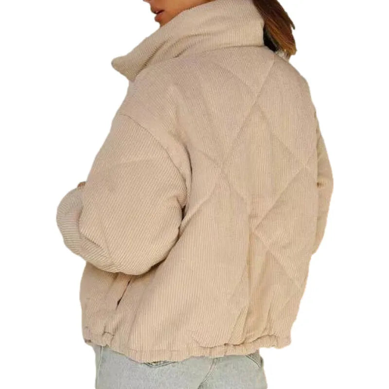 Apricot women's corduroy jacket with stand collar and front zip in street fashion style