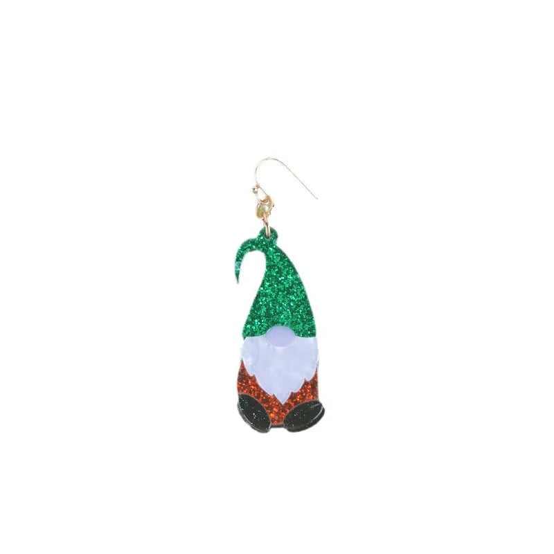 Cartoon Santa Claus character earrings in acrylic with red, green, or mixed hat styles