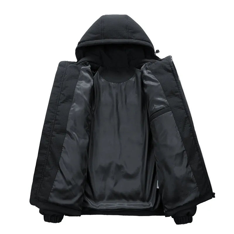 Men's black Korean style hooded winter coat with letter print detail and side pockets